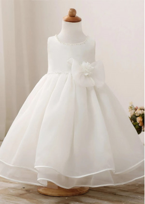 Beaded Ivory Satin Organza Flower Girl Dress With Handmade Flower